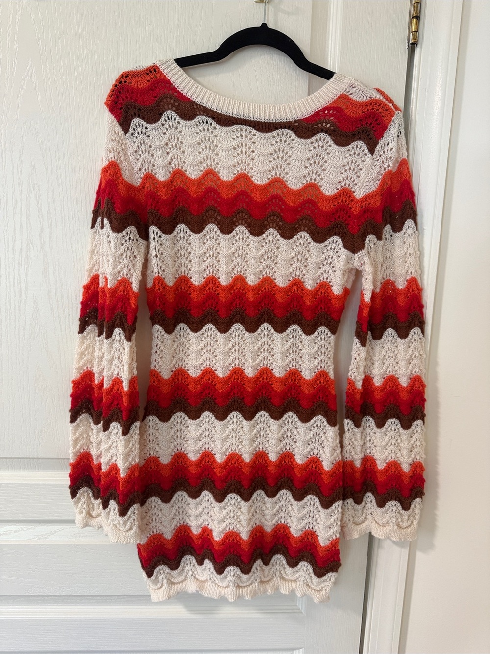 Boho Wave Stripe Crochet Sweater in Cream & Red Tones